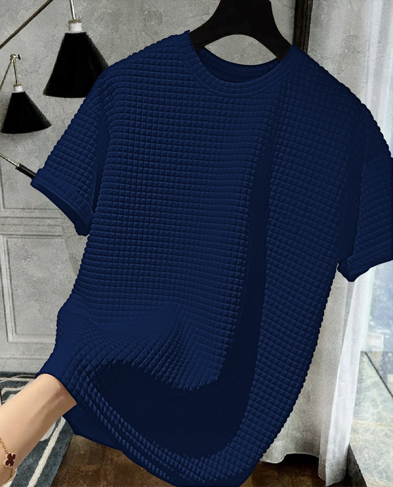 Navy Blue Regular Fit Rib-knit T-shirt